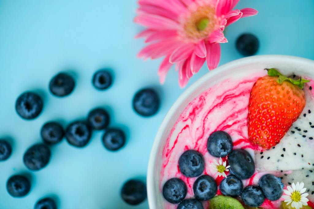 Bowl of yogurt and fruit as healthy food for colon