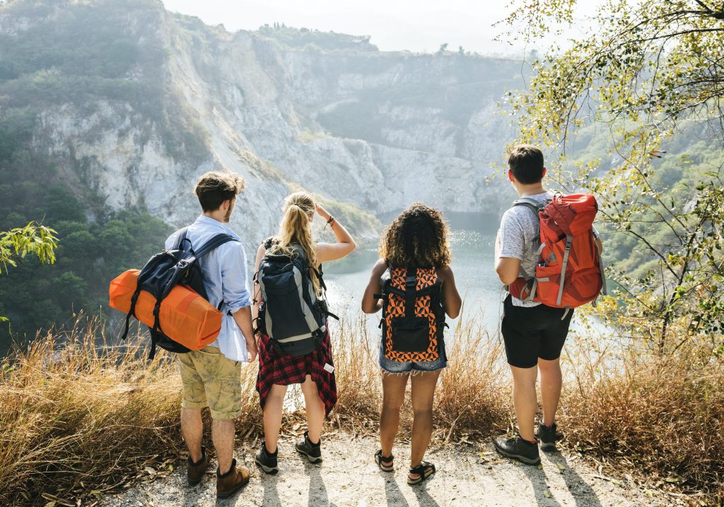 Friends hiking and enjoying the view