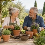 Two older adults tending potted plants together.
