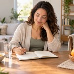 An adult writing in a notebook beside water and fruit.