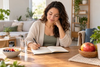 An adult writing in a notebook beside water and fruit.