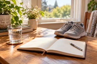 A notebook, water glass and walking shoes beside a window.