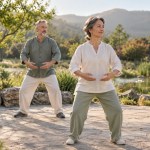 Two adults standing in a gentle tai chi or qigong practice posture outdoors.
