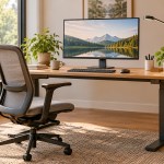 A desk, monitor, keyboard and adjustable office chair beside a window.