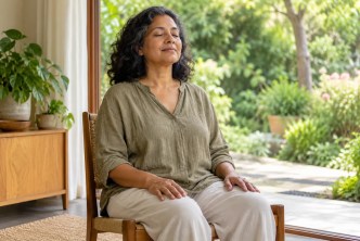 A woman sitting quietly on a chair beside a garden window.