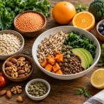 Vegetables, fruit, lentils, nuts and whole grains arranged on a kitchen table.