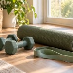 Dumbbells, an exercise mat and a resistance band beside a window.